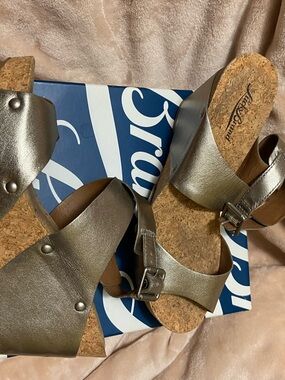 Lucky Brand Metallic Gold Cork Wedge Sandals